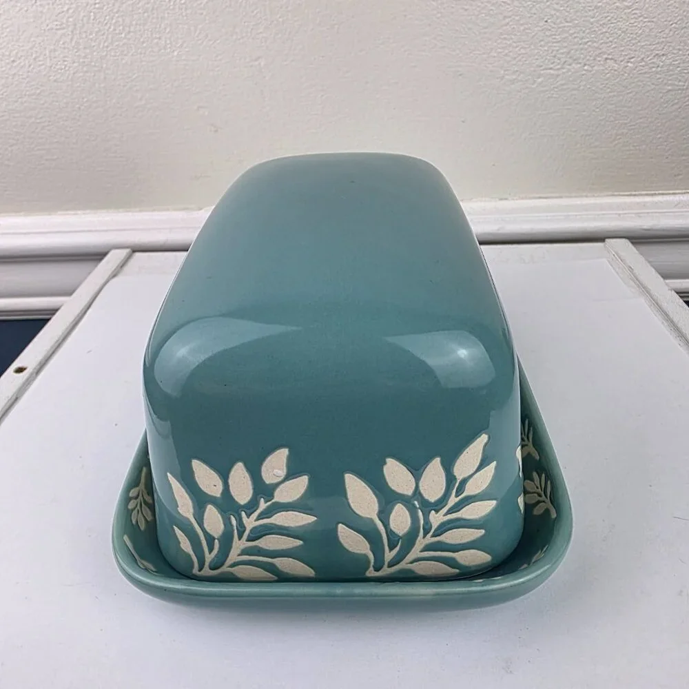 Catherine Malandrino Teal Stoneware Cheese Butter Dish